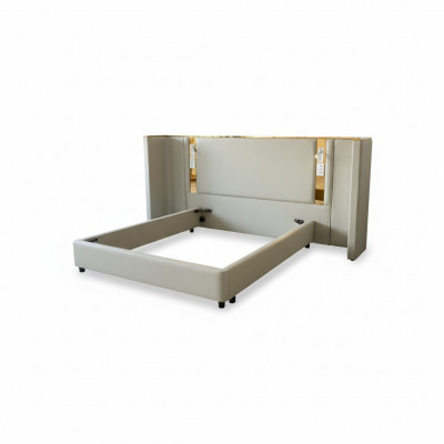Luxury beige shaped bed with LED lighting, gold frame, and modern backrest