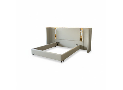 Luxury beige shaped bed with LED lighting, gold frame, and modern backrest