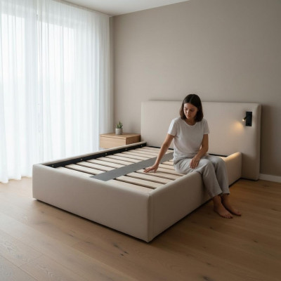 Modern bed in beige with LED lighting and luxurious upholstery