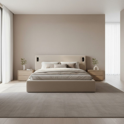 Modern bed in beige with LED lighting and luxurious upholstery