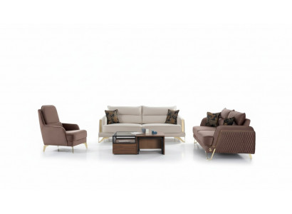 Sofagarnitur 3+3+1 Sitzer Creme Braun Goldfüße Luxus Stoff Wohnzimmer Design
