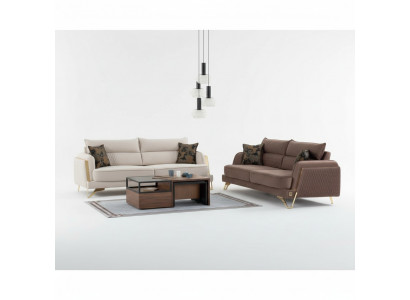 Sofagarnitur 3+3 Sitzer Creme Braun Stoffbezug Goldfüße Modern Luxus Design
