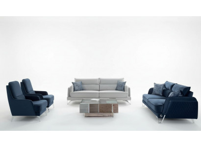 Sofagarnitur 3+3+1+1 Sitzer Blau Weiß Stoffbezug Chromfüße Modern Luxus Design
