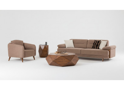 Sofagarnitur 3+1 Sitzer Braun Stoffbezug Holzfüße Skandi Stil Modern Wohnen