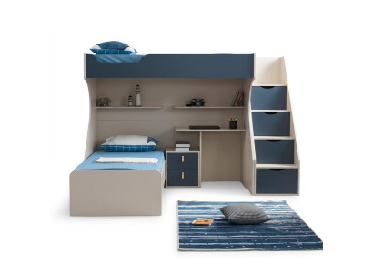Kinderzimmer-Set aus Holz in Blau mit Bett, Nachttisch