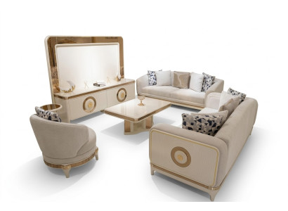 Elegantes Stoff-Sofa-Set in Beige mit Holzdesign für modernes