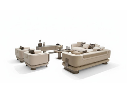 Modernes Wohnzimmer-Set aus Stoff in Beige mit Holzoptik
