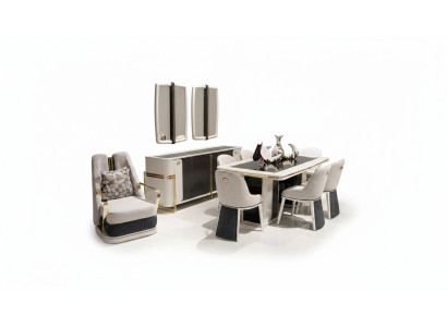 Elegantes weißes Esszimmer-Set mit Holz und Textil für stilvolle
