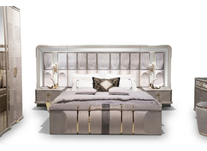 Schlafzimmer-Set Grau aus Holz mit Bett, Nachttischen und Bank