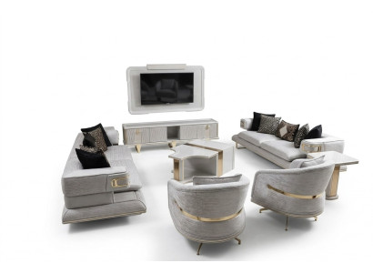 Elegantes weißes Sofa-Set aus Stoff mit Holzdetails für modernes