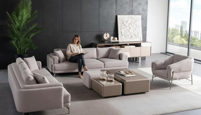 Beige living room with modern sofa and armchair