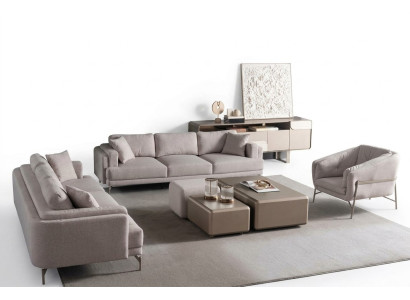 Beige living room with modern sofa and armchair