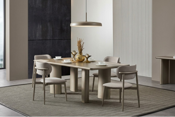 Elegant beige table with wooden legs and 4 fabric chairs