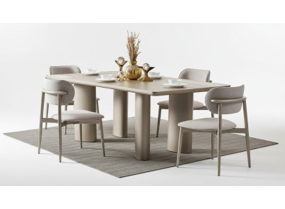 Elegant beige table with wooden legs and 4 fabric chairs