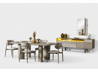 Elegant beige dining table set with chairs and console