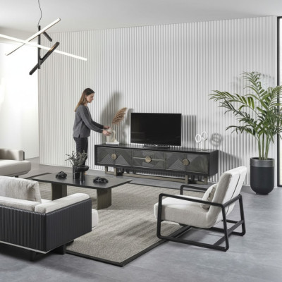 Modern brown fabric sofa and armchair