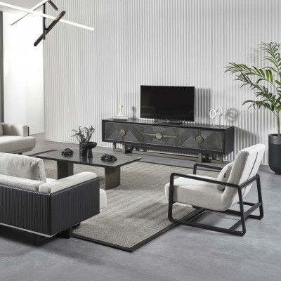 Modern brown fabric sofa and armchair