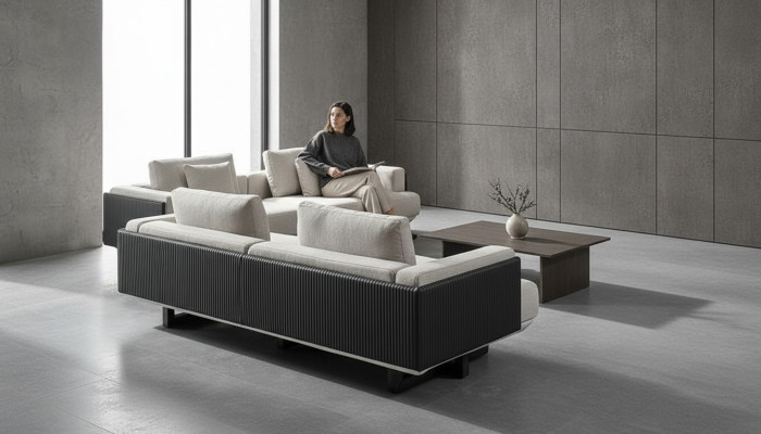 Furniture set in brown fabric with table and benches
