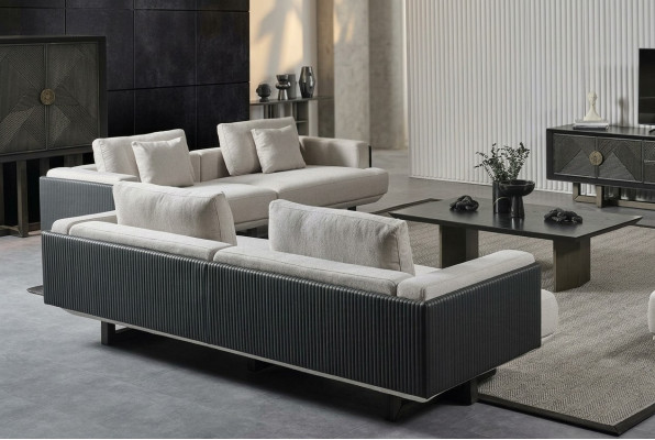 Furniture set in brown fabric with table and benches