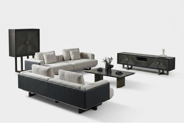 Furniture set in brown fabric with table and benches