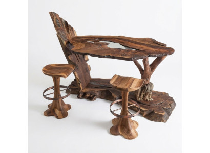 Moderner brauner Holz-Bartisch mit Hockern Set