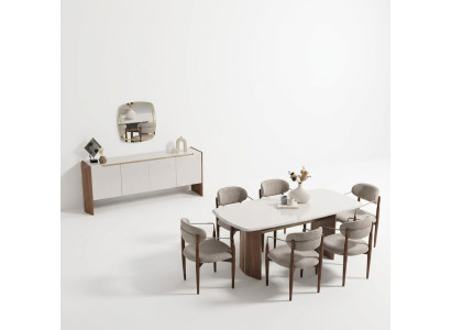 Luxus Esszimmer-Set Beigefarbene Holz- und Textilmöbel mit Spiegel