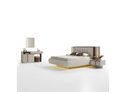 Elegantes Schlafzimmer-Set aus Holz in Beige mit Bett, Schminktisch