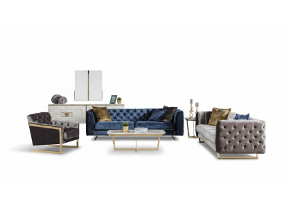 Elegantes Wohnzimmer Set aus Textil in Blau und Grau