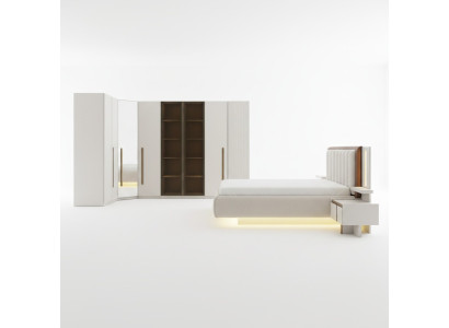Elegantes Schlafzimmer-Set aus Holz in Beigetönen mit stilvollem