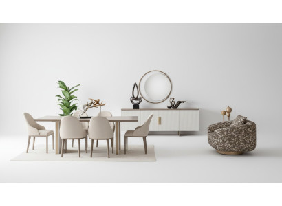 Esszimmer-Set mit Tisch, 6 Stühlen, Sideboard und Spiegel