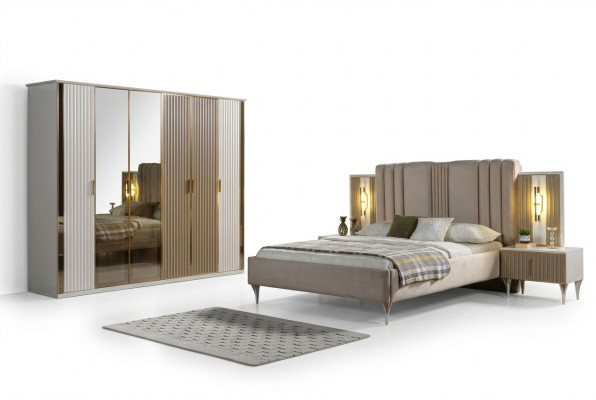 Complete bedding set with bed, 2 nightstands and modern wardrobe, 4 pieces