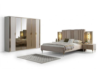 Complete bedding set with bed, 2 nightstands and modern wardrobe, 4 pieces