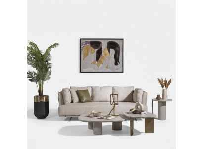 Moderner Beigefarbener 4-Sitzer Stoffsofa mit Holzrahmen