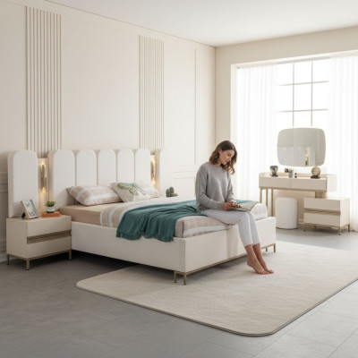 Ideal complete set for furnishing a bedroom, including a dresser, mirror, bed, and bedside lamp