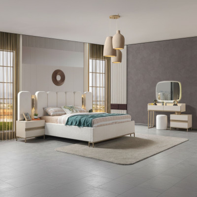 Ideal complete set for furnishing a bedroom, including a dresser, mirror, bed, and bedside lamp