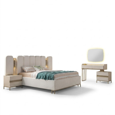 Ideal complete set for furnishing a bedroom, including a dresser, mirror, bed, and bedside lamp