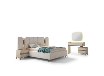 Ideal complete set for furnishing a bedroom, including a dresser, mirror, bed, and bedside lamp
