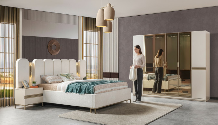Modern bedroom furniture set 4 pieces: bed, wardrobe, nightstand