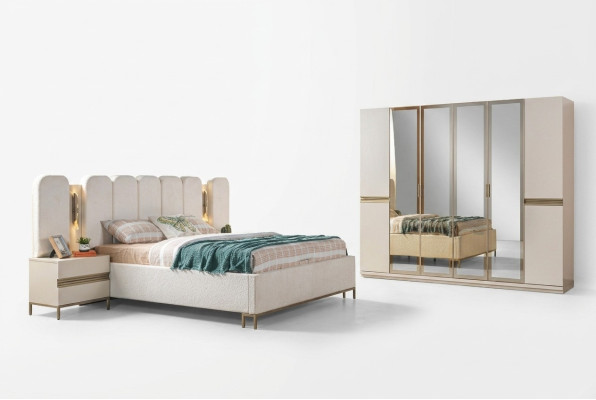 Modern bedroom furniture set 4 pieces: bed, wardrobe, nightstand