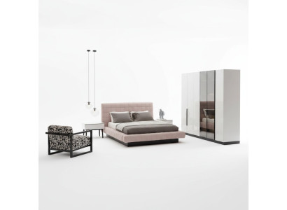 Elegantes Beiges Schlafzimmer-Set aus Holz und Stoff