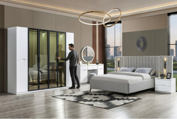 Complete bedroom furniture in four parts: bed, wardrobe, nightstand, wood 6 parts
