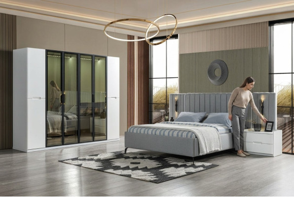 Bed set in four parts bed, wardrobe, wooden bedside lamp