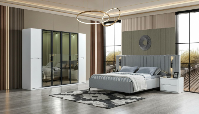Bed set in four parts bed, wardrobe, wooden bedside lamp