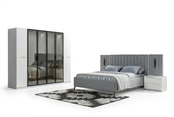 Bed set in four parts bed, wardrobe, wooden bedside lamp