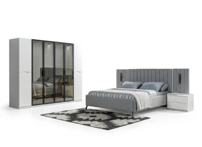 Bed set in four parts bed, wardrobe, wooden bedside lamp