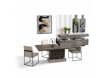 Elegantes braunes Esstisch- und Stühle-Set aus Holz und Textil