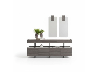 Elegantes graues Esszimmer Set mit Sideboard und Spiegel aus Holz