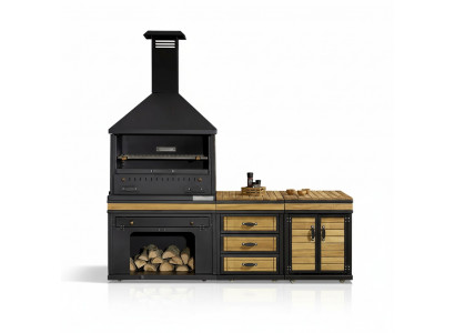 Elegante schwarze Außenküche aus Holz und Edelstahl