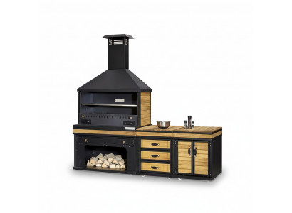 Elegante Außenküche aus Holz und Edelstahl in Schwarz