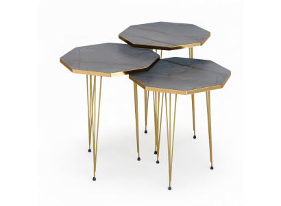 Elegantes graues Couchtisch-Set aus Holz und Edelstahl